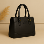 Elegant Structured Black Leather Handbag with Golden Accents | Luxury Women's Tote