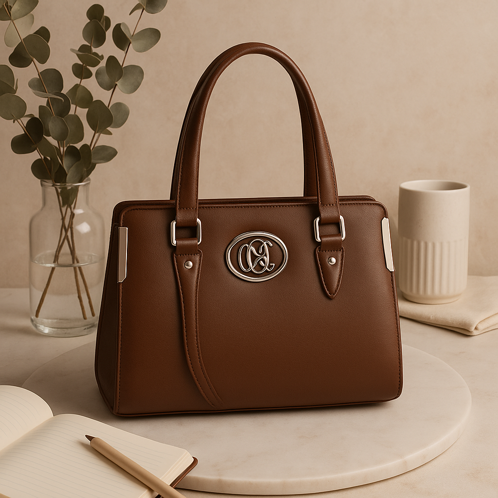 Elegant Brown Leather Handbag with Silver GG Logo | Luxury Women's Tote
