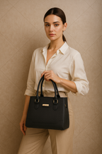 Elegant Structured Black Leather Handbag with Golden Accents | Luxury Women's Tote