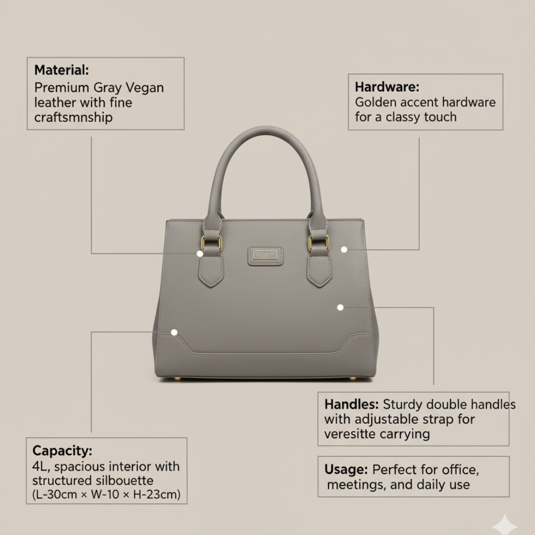 Classic Structured Tote Grey HandBag For Women – Premium Office & Casual Handbag